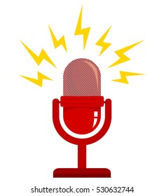 Vintage vector illustration of retro microphone and loud sound. Red microphone.