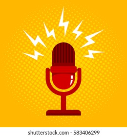 Vintage vector illustration of retro microphone and loud sound. Microphone on halftone background