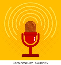 Vintage vector illustration of retro microphone and loud sound. Microphone on halftone background