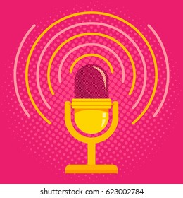 Vintage vector illustration of retro microphone and loud sound. Microphone on pink halftone background.