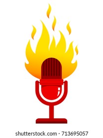 Vintage vector illustration of retro microphone in flame. Red microphone with fire.