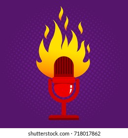 Vintage vector illustration of retro microphone in fire. Red microphone with flame on halftone background.