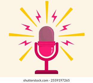 Vintage vector illustration of retro pink microphone in retro style. Retro Microphone icon.