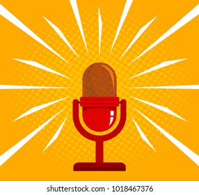 Vintage vector illustration of retro red microphone and loud sound. Microphone on yellow halftone background