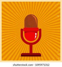 Vintage vector illustration of retro red microphone on vintage background. Microphone on yellow retro background