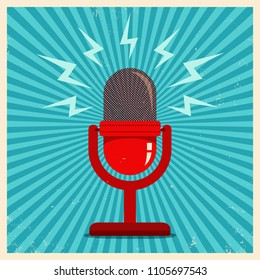 Vintage vector illustration of retro red microphone on vintage background. Microphone on blue retro background