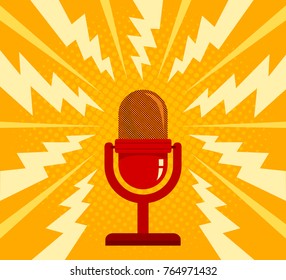 Vintage vector illustration of retro red microphone and loud sound. Microphone on yellow halftone background