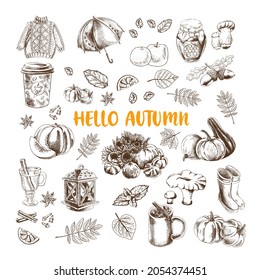 A vintage vector illustration set of fall icons. Hand-drawn illustration with  umbrella, pumpkins, rubber boots, sweater, honey, apples, mint, mulled wine, spices, cinnamon, coffee, tea, leaves, lemon