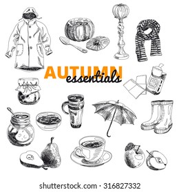 A Vintage vector illustration set of Fall icons. Hand drawn illustration with raincoat, umbrella, pear, pumpkin soup, spoon, rubber boots, jam, handkerchiefs, scarf