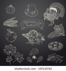 A Vintage vector illustration set of Thanksgiving icons. Hand drawn illustration with turkey, corn on the cob, acorns, pumpkin, cranberry, apple pie, pilgrim hat and  oak leaves.
