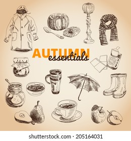 A Vintage vector illustration set of Thanksgiving icons. Hand drawn illustration with raincoat, umbrella, pear, pumpkin soup, spoon, rubber boots, jam, handkerchiefs, scarf