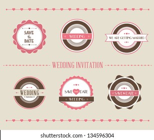 Vintage vector illustration. Set of wedding banner, ribbon, labels, frames, badge, stickers. Vector love element.