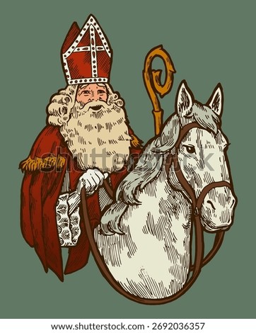 Vintage vector illustration of Sinterklaas (Saint Nicholas) in red bishop robes with a crosier, riding a white horse. Hand-drawn style, perfect for Christmas, winter, or Dutch holiday designs.