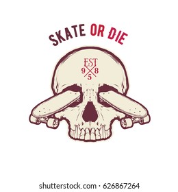 Vintage vector illustration - Skateboarding t-shirt design with the skull