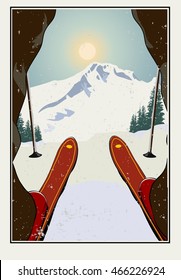 Vintage vector illustration. Skier getting ready to descend the mountain. Winter background. Grunge effect it can be removed.