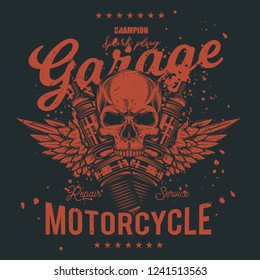 Vintage vector illustration. The skull in the background of the wings and the spark plugs. T-shirt design.