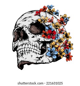 Vintage vector illustration - Skull covered with flowers