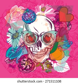  Vintage Vector illustration of Skull and Flowers Day of The Dead. Bright and catchy. Fashionable print.
