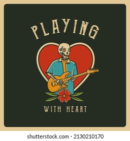 Vintage vector illustration of skull playing guitar, perfect for apparel design