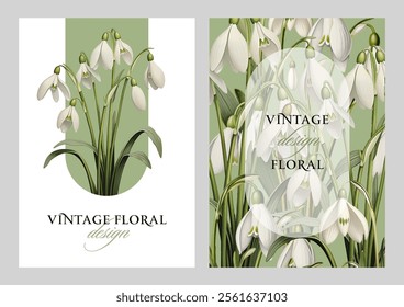 Vintage vector illustration with snowdrop flower on a changeable background. Floral design template for wedding invitation, greeting card, notebook cover, flyer or certificate.