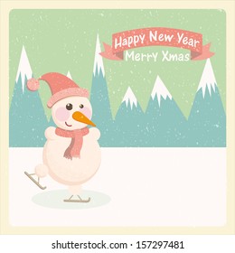 Vintage vector illustration of a snowman in the mountains