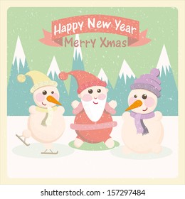 Vintage vector illustration of a snowman and Santa Claus among the mountains