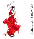 Vintage vector illustration - Spanish girl in red dress dances a flamenco 