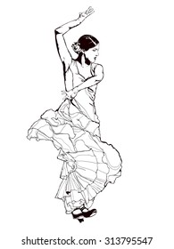 Vintage vector illustration - Spanish girl dances a flamenco 