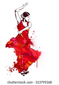 Vintage vector illustration - Spanish girl in red dress dances a flamenco 