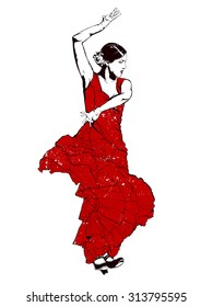 Vintage vector illustration - Spanish girl in red dress dances a flamenco 