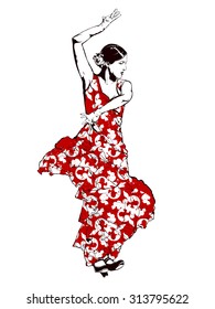 Vintage vector illustration - Spanish girl in red dress dances a flamenco 