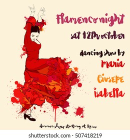 Vintage vector illustration - Spanish girl dances a flamenco invitation