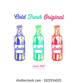 Vintage vector illustration - summer drink. Retro emblem of color soda bottles