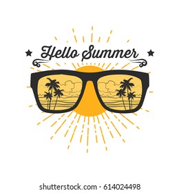 Vintage Vector Illustration -  Sunglasses With Reflection Of The Palm Trees, Beach And Sea