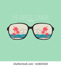 Vintage vector illustration -  Sunglasses with reflection of the palm trees, beach and sea