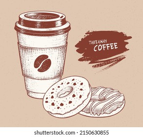 Vintage vector illustration of takeaway disposable Coffee paper cup with Donuts. Isolated on obsolete paper background with paint brush banner.