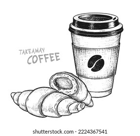 Vintage vector illustration of takeaway disposable Coffee paper cup with Croissants