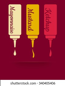 Vintage vector illustration of three sauces. Ketchup, mayonnaise and mustard