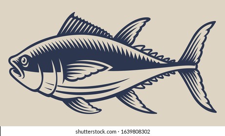 Vintage vector illustration with a tuna on a white background. Isolated