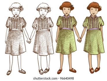 Vintage vector illustration of twin sister girls hand drawn and artistic
