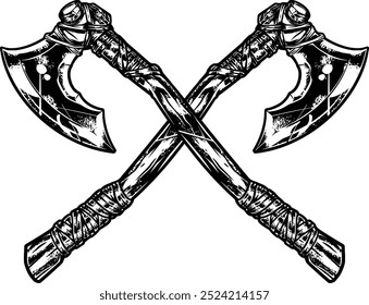 Uma ilustração vetor vintage de dois eixos cruzados, amarrados com corda, criando um olhar robusto e clássico. Ideal para designs de camisetas, logotipos ou emblemas, simbolizando artesanato, 