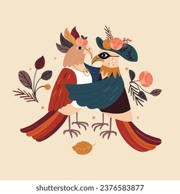 Vintage vector illustration of two dancing birds. Ideal for textile prints, Valentine's Day cards, and festive projects.
