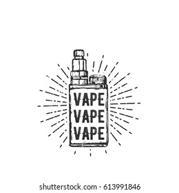 Vintage vector illustration of vaping box mod. Vaping store and bar. Retro style emblem with vaping attributes for t-shirt print