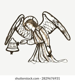 Vintage vector illustration of a white angelic woman with wings ringing a bell, hand-drawn religious sketch on a light background.