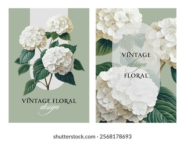 Vintage vector illustration with white hydrangea flowers on a changeable background. Floral design template for wedding invitation, greeting card, notebook cover, flyer or certificate.