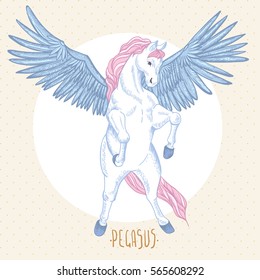 Vintage vector illustration of white winged pegasus, vintage vector design elements, greeting card