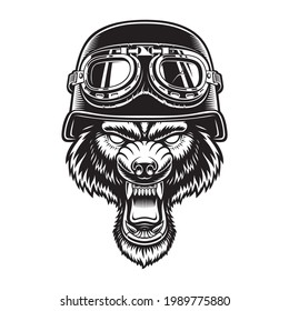 Vintage vector illustration of a wolf in a biker helmet