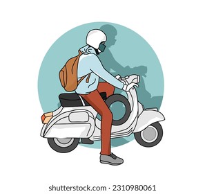 Vintage vector illustration, young men riding old scooter, hand graphic