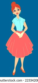 Vintage vector illustration of young woman standing and waiting