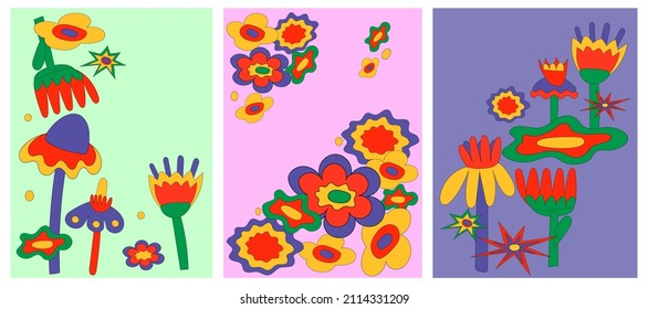Vintage vector illustrations for banners, postcards, posters in the hippie style of the 60-70s. A pattern of psychedelic plant elements.